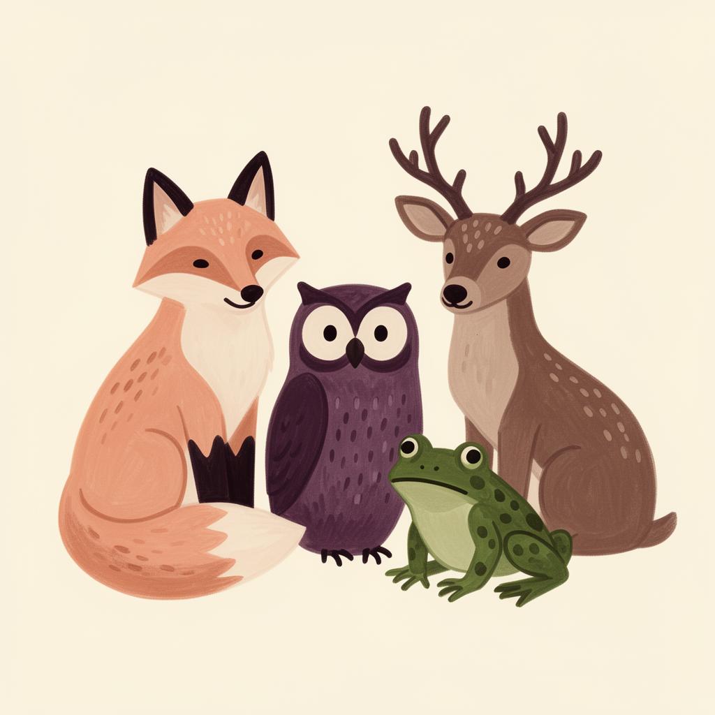 Hand-painted field-journal illustration of a fox, owl, deer and frog in peach, plum and moss